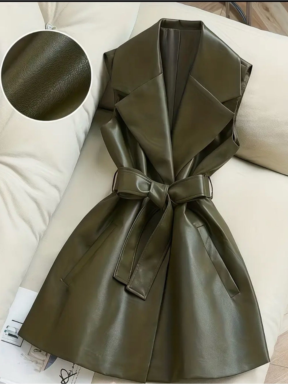 Olive Faux Leather Sleeveless Belted Vest
